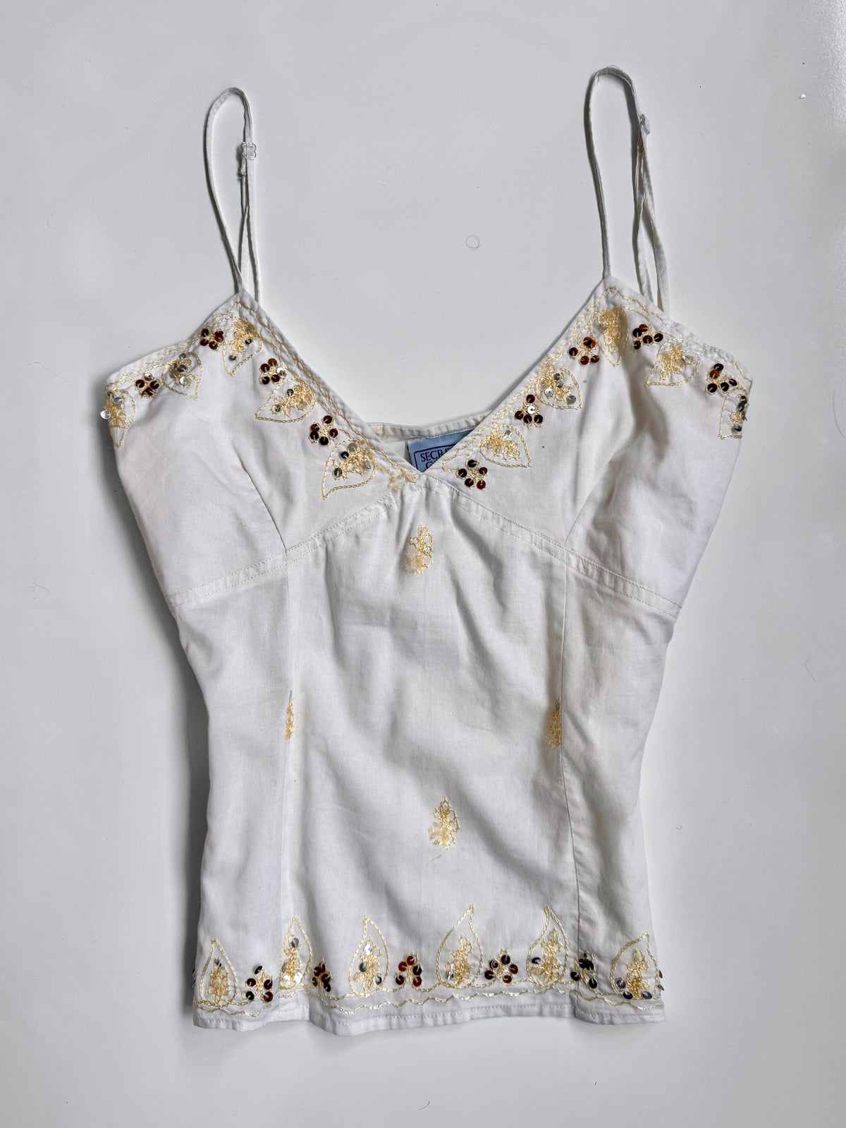00's Cotton embroidered sequin cami w tie back • Size 12