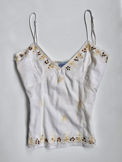 00's Cotton embroidered sequin cami w tie back • Size 12