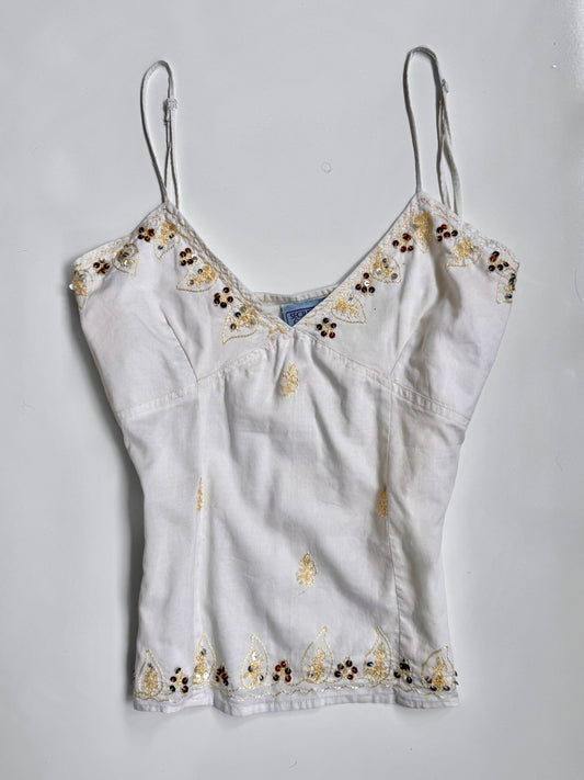 00's Cotton embroidered sequin cami w tie back • Size 12