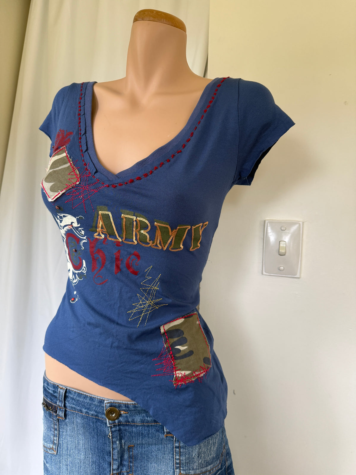 00's Army Chic print detail asym baby tee *Blue • Size M