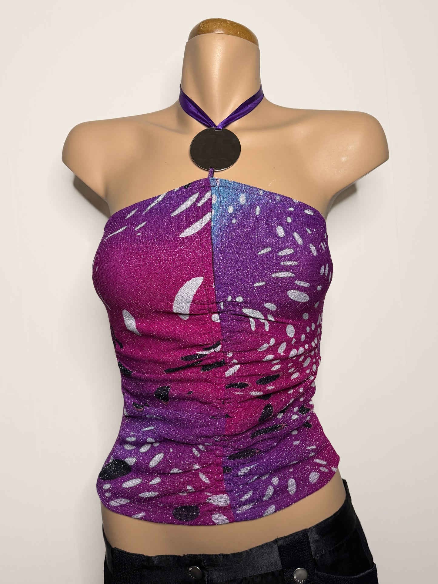 00's Morgan pattern glitter halter w metal detail • Size XS