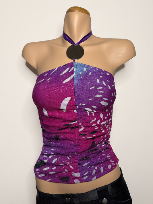 00's Morgan pattern glitter halter w metal detail • Size XS
