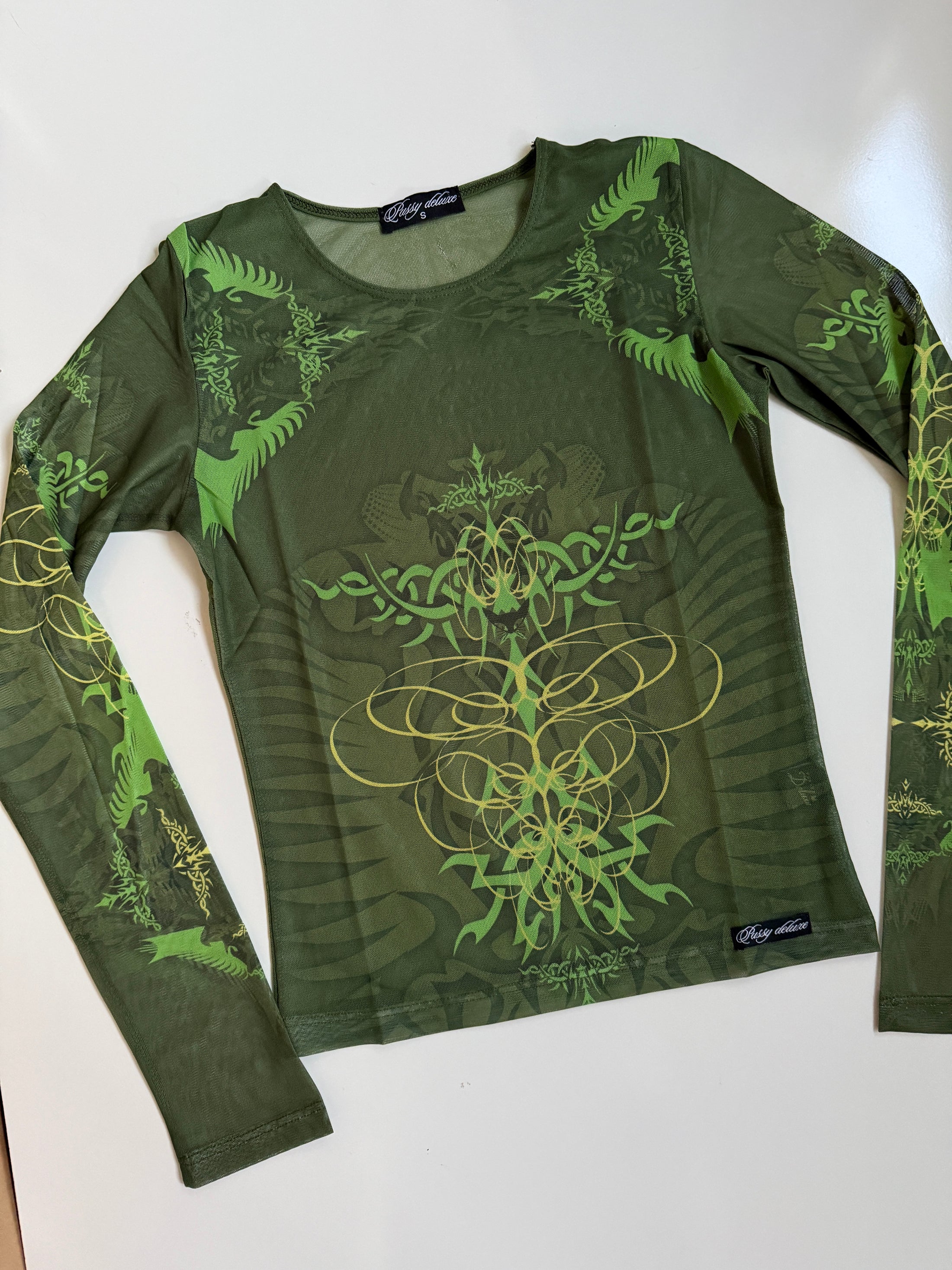 00's Pussy Deluxe khaki mesh print long sleeve • Size S