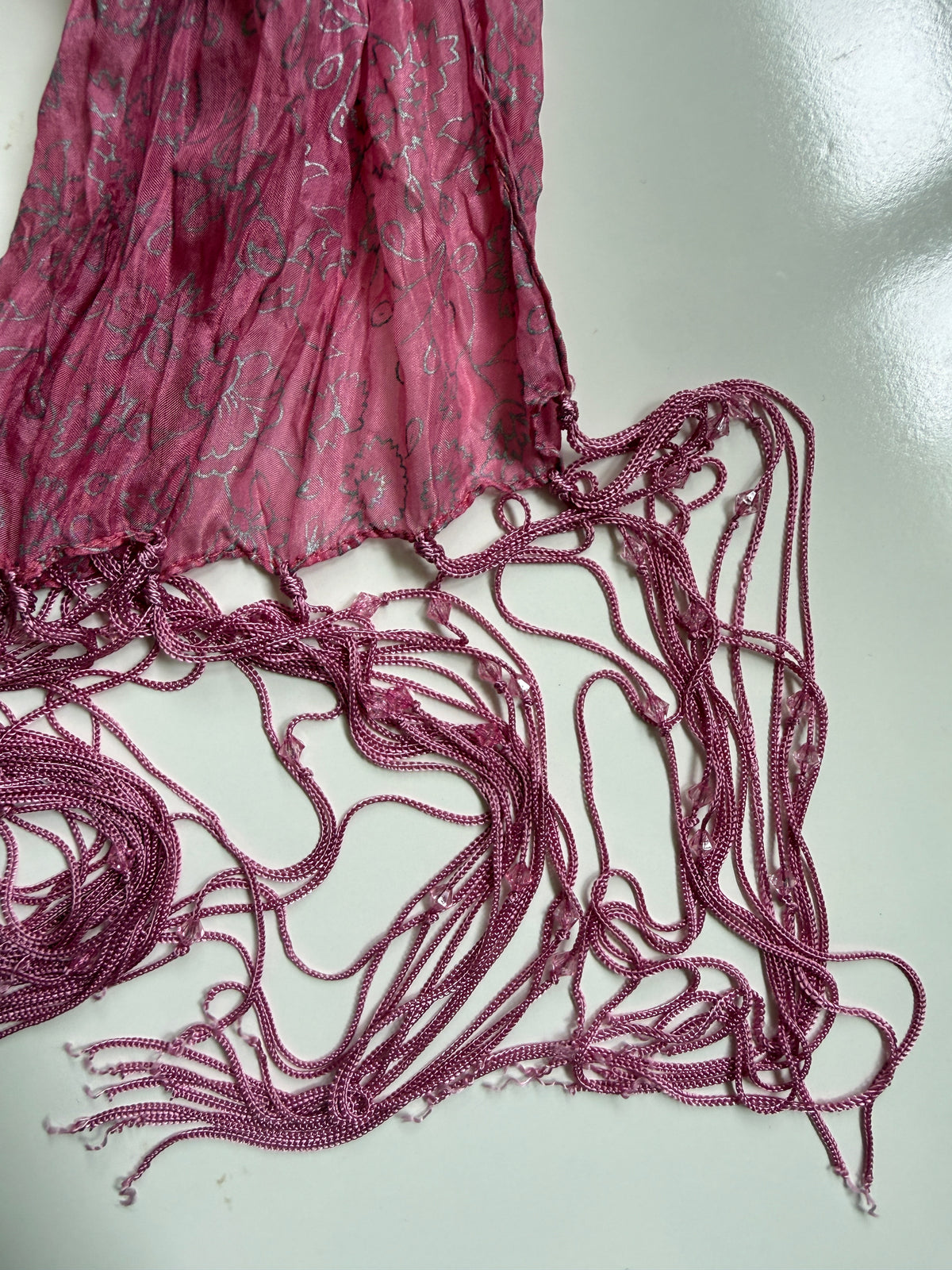 00s Pink pattern scarf w beaded tassels