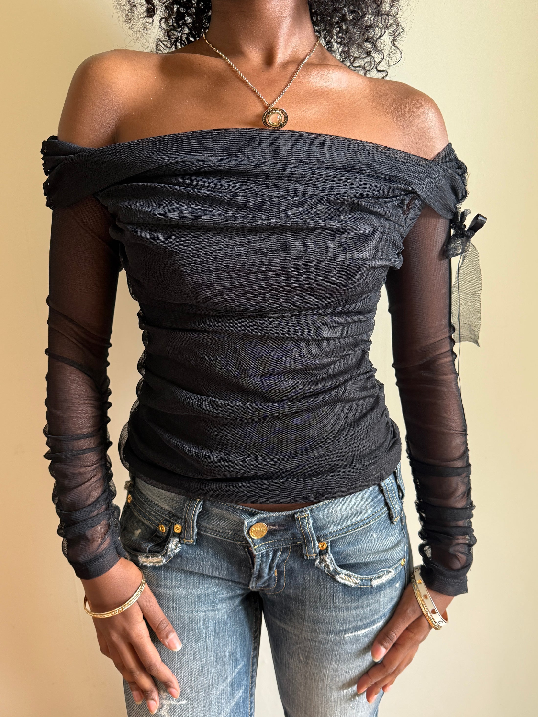 00's Mesh ruched off shoulder top w ribbon • Size S