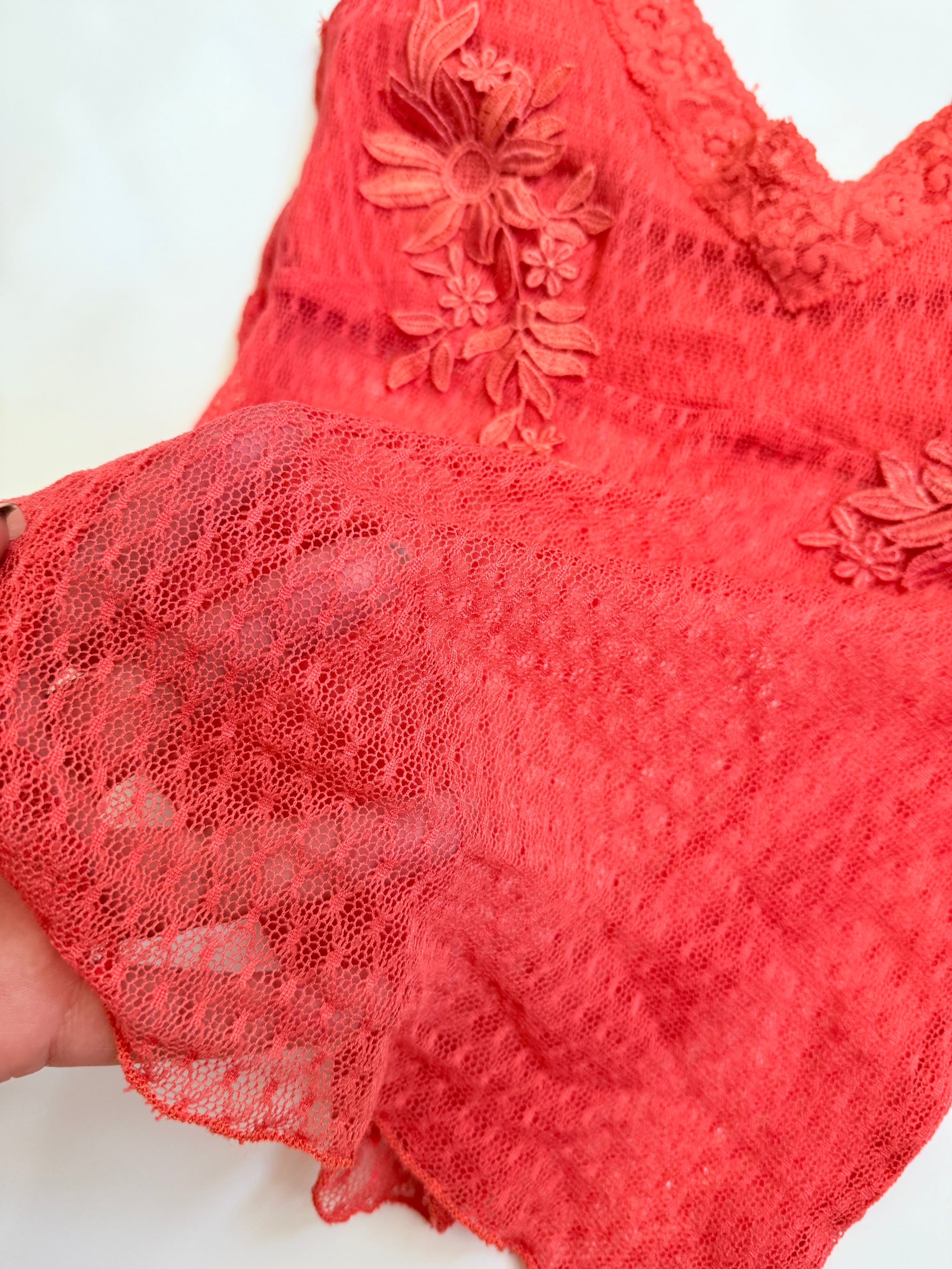 00's Coral red embroidered mesh lace top • Size XS