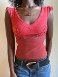 Load image into Gallery viewer, 00's Coral red embroidered mesh lace top • Size XS
