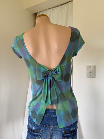 00's Mesh pop-art sequin top w bow at back • Size M