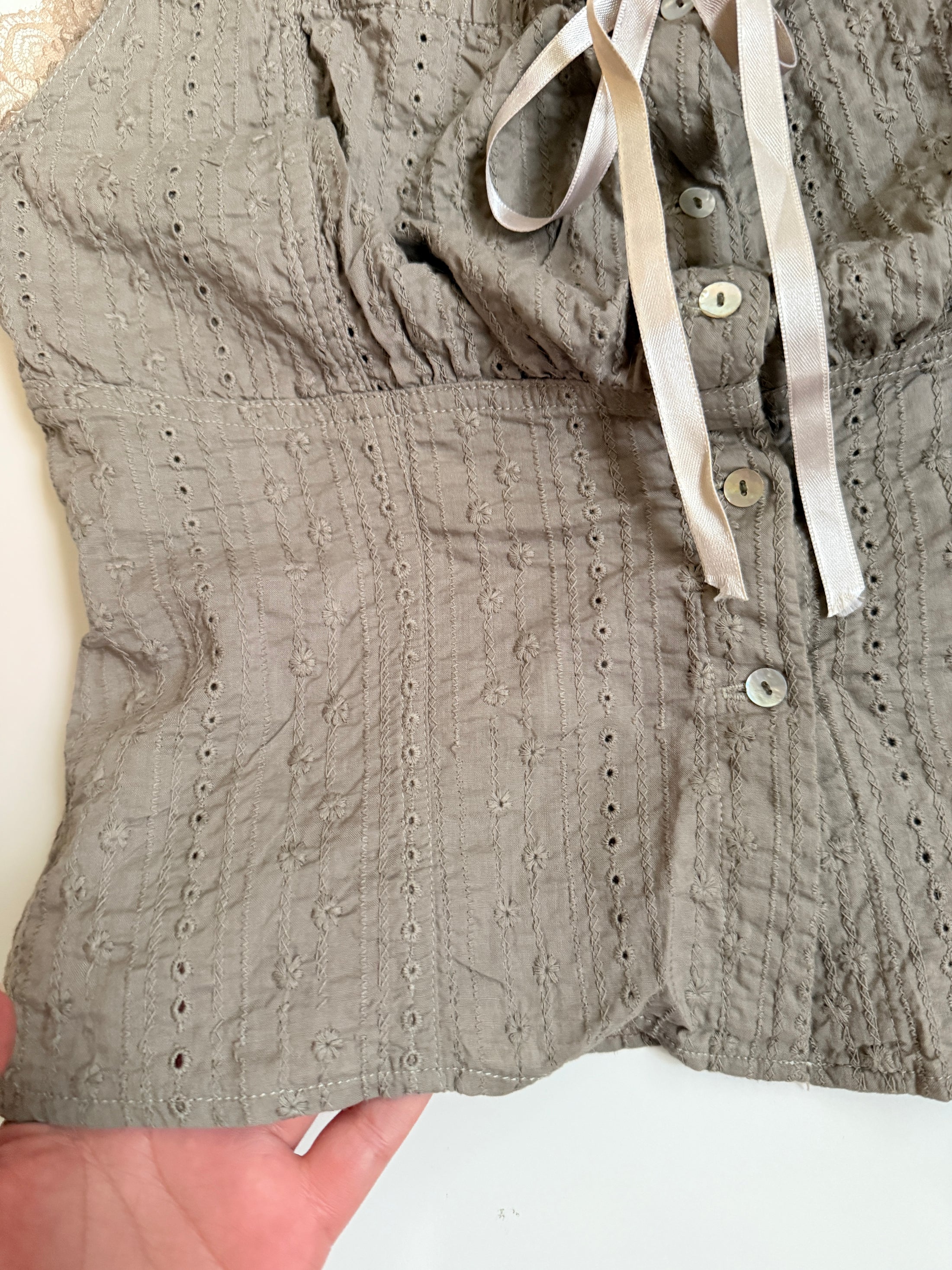 00's Serpil khaki milkmaid ribbon top • Size M