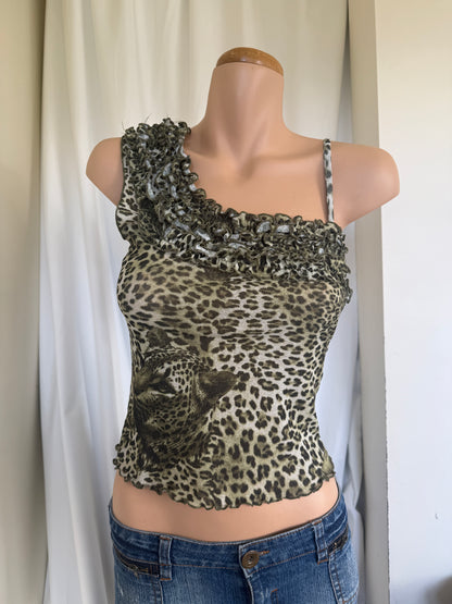 00's Mesh animal print one shoulder top • Size S
