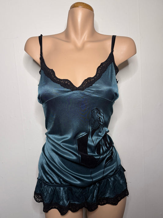 00's Mango dark teal velvet print cami w lace trim • Size L