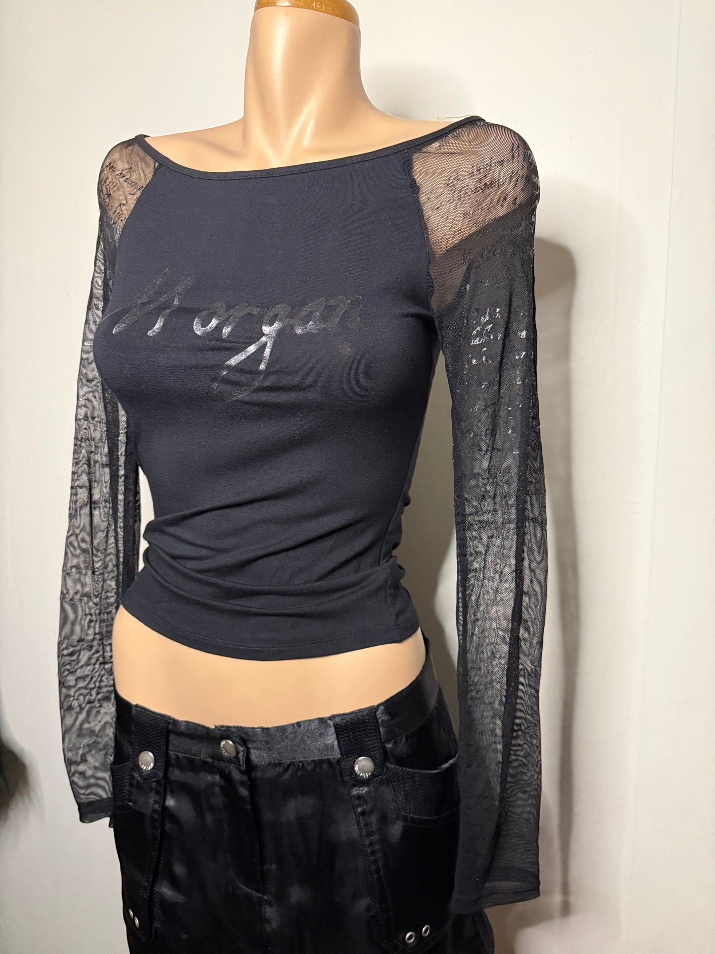 00's Deadstock Morgan off shoulder w mesh print sleeves • Size S