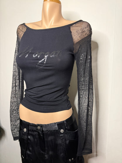 00's Deadstock Morgan off shoulder w mesh print sleeves • Size S