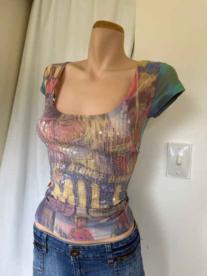 00's Mesh pop-art sequin top w bow at back • Size M
