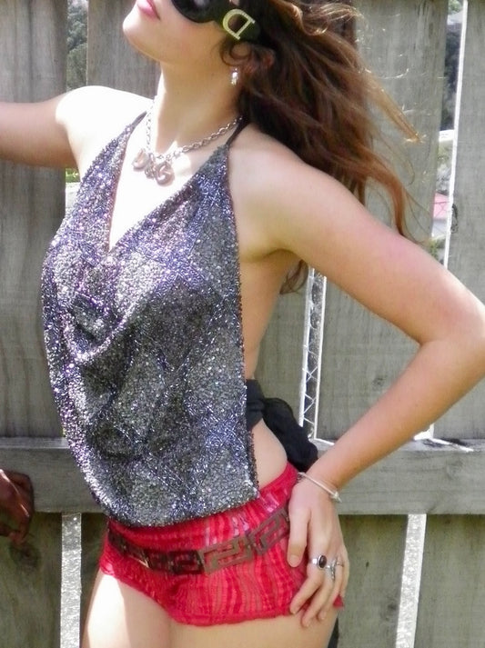 00's Silk embellished backless halter