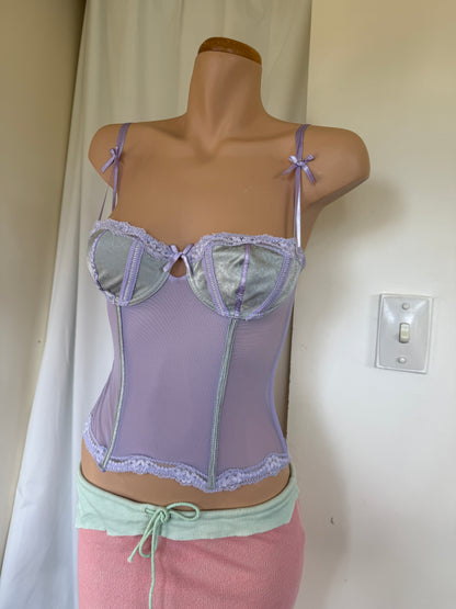 00's Lilac mesh corset w mint green trim • Size 8/10