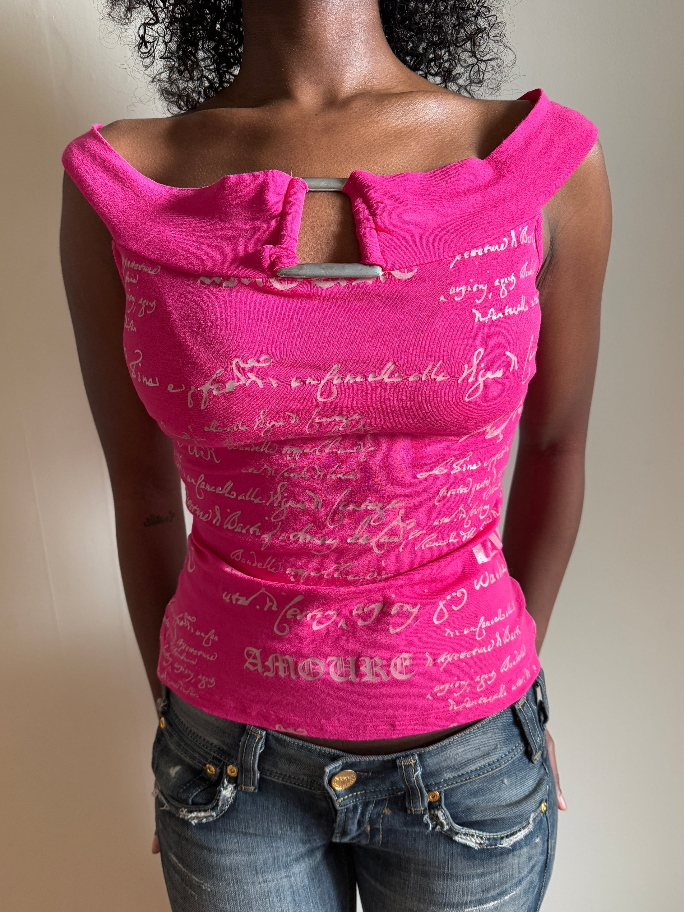 00's Ole hot pink graphic tank w metal ring detail  • Size S