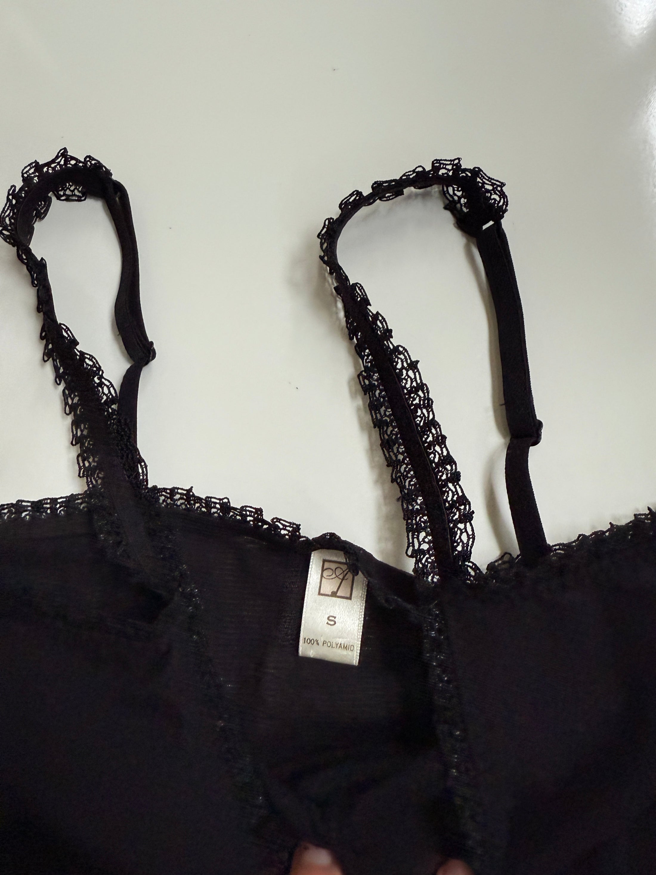 00's Black mesh cami w ribbon flower motif • Size S