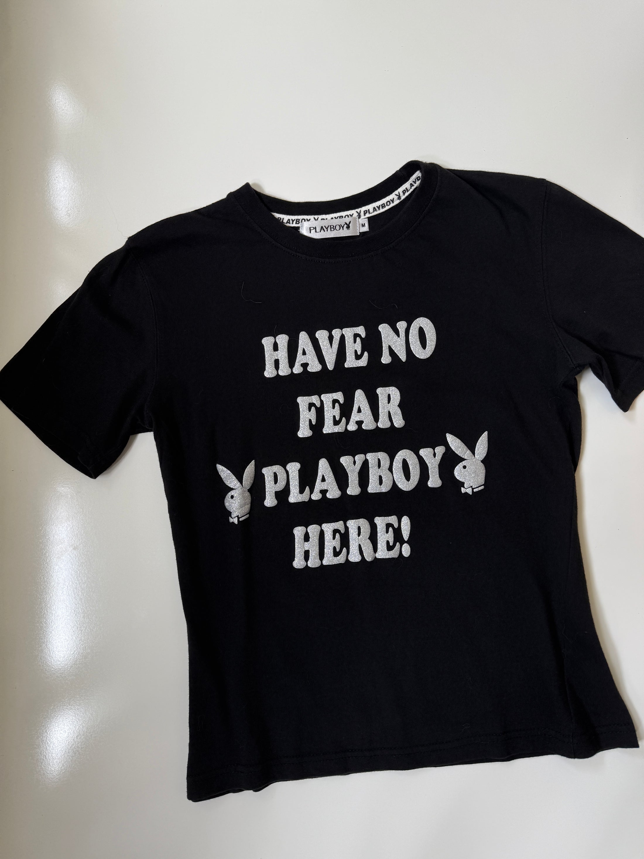 00's Playboy glitter print baby tee • Size S/M