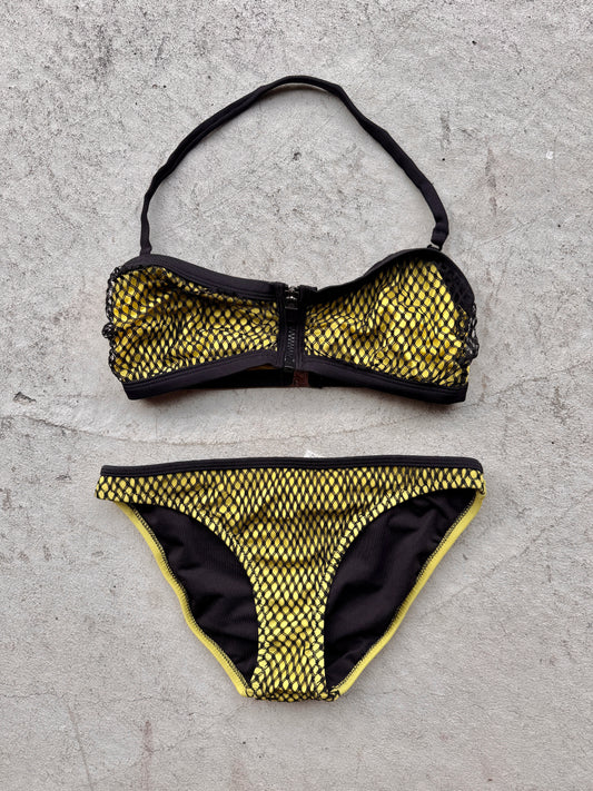 00's Yellow w mesh overlay zipper bikini • Size S/M