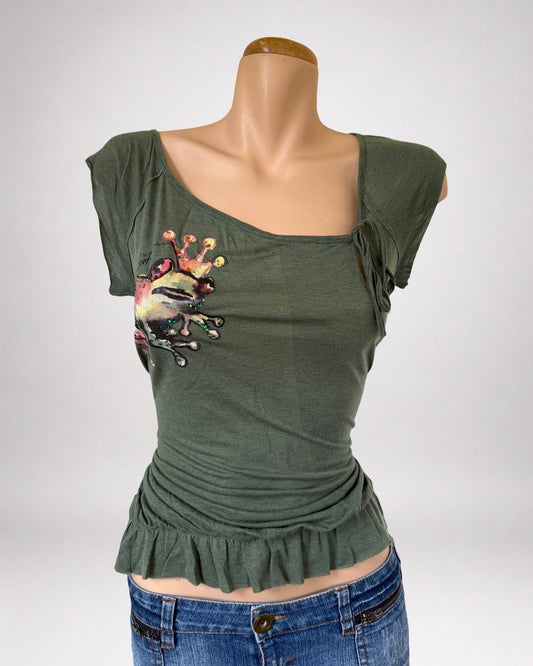 00's Miss Sixty wool blend khaki frill top • Size M