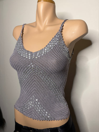 00's Mango silver sequin beaded crocheted cami • Size XS/S