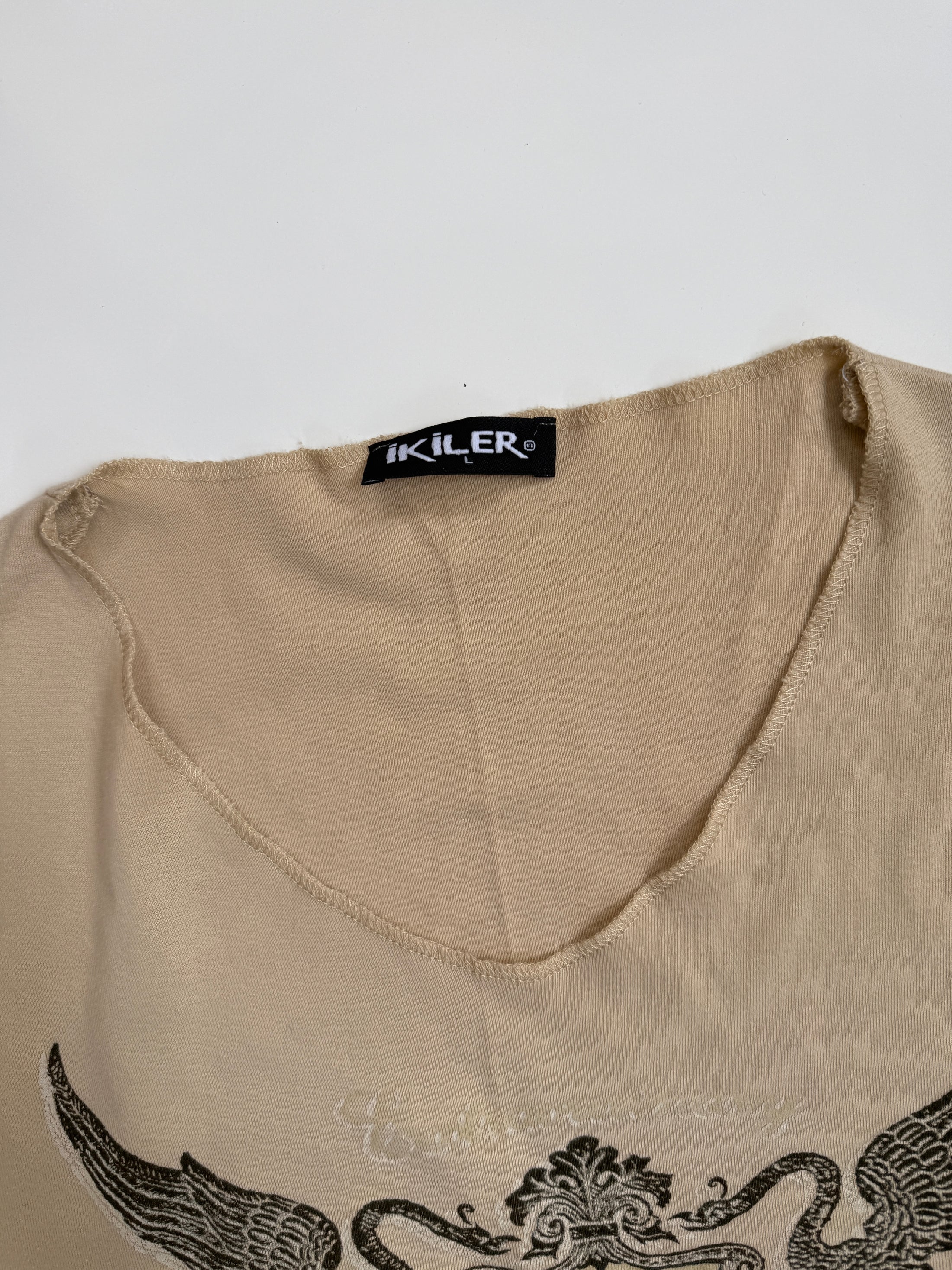 00's Print baby tee w lace trim • Size L