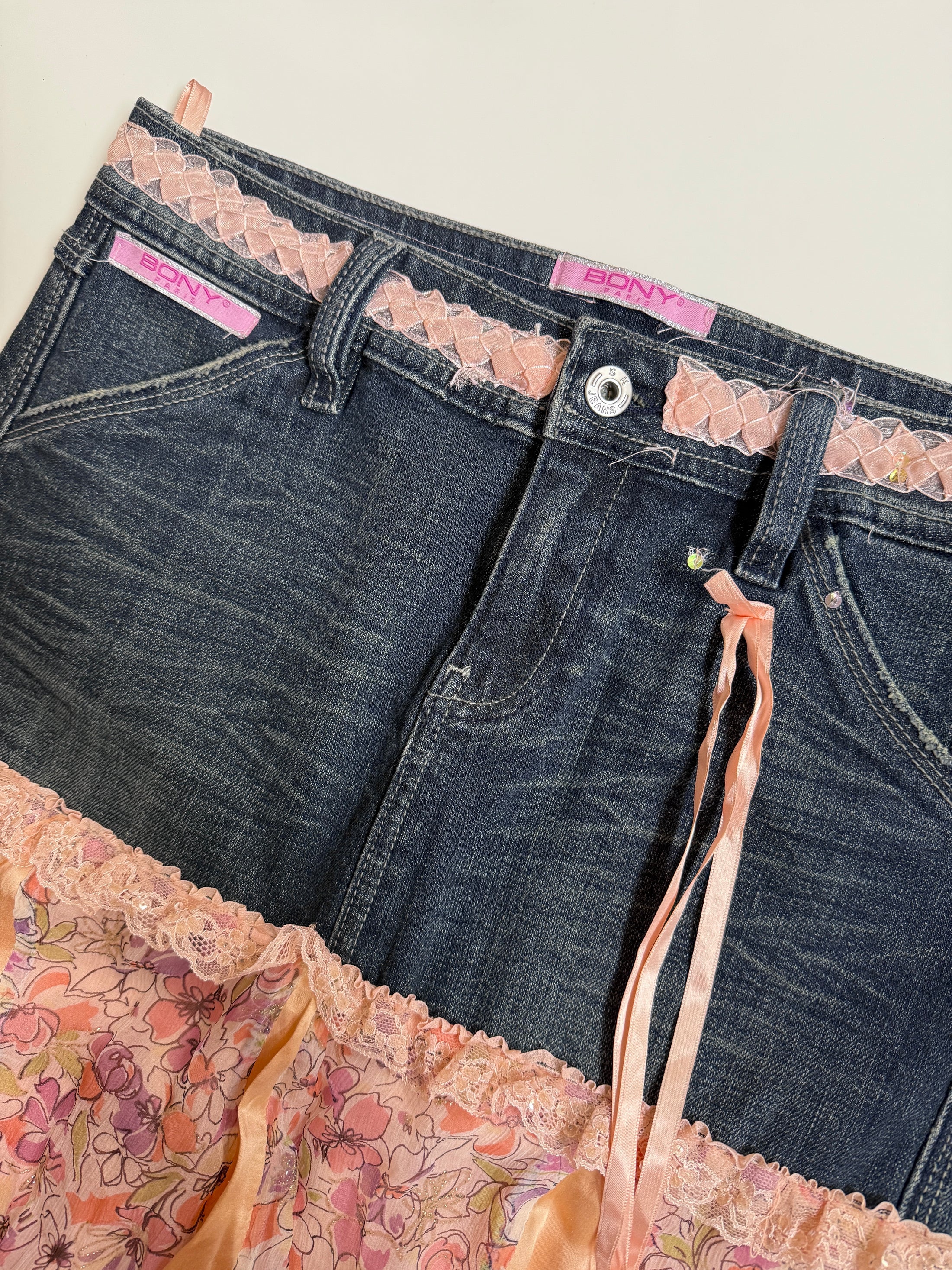 00's French denim sheer midi  w lace ribbon detail • Size 8