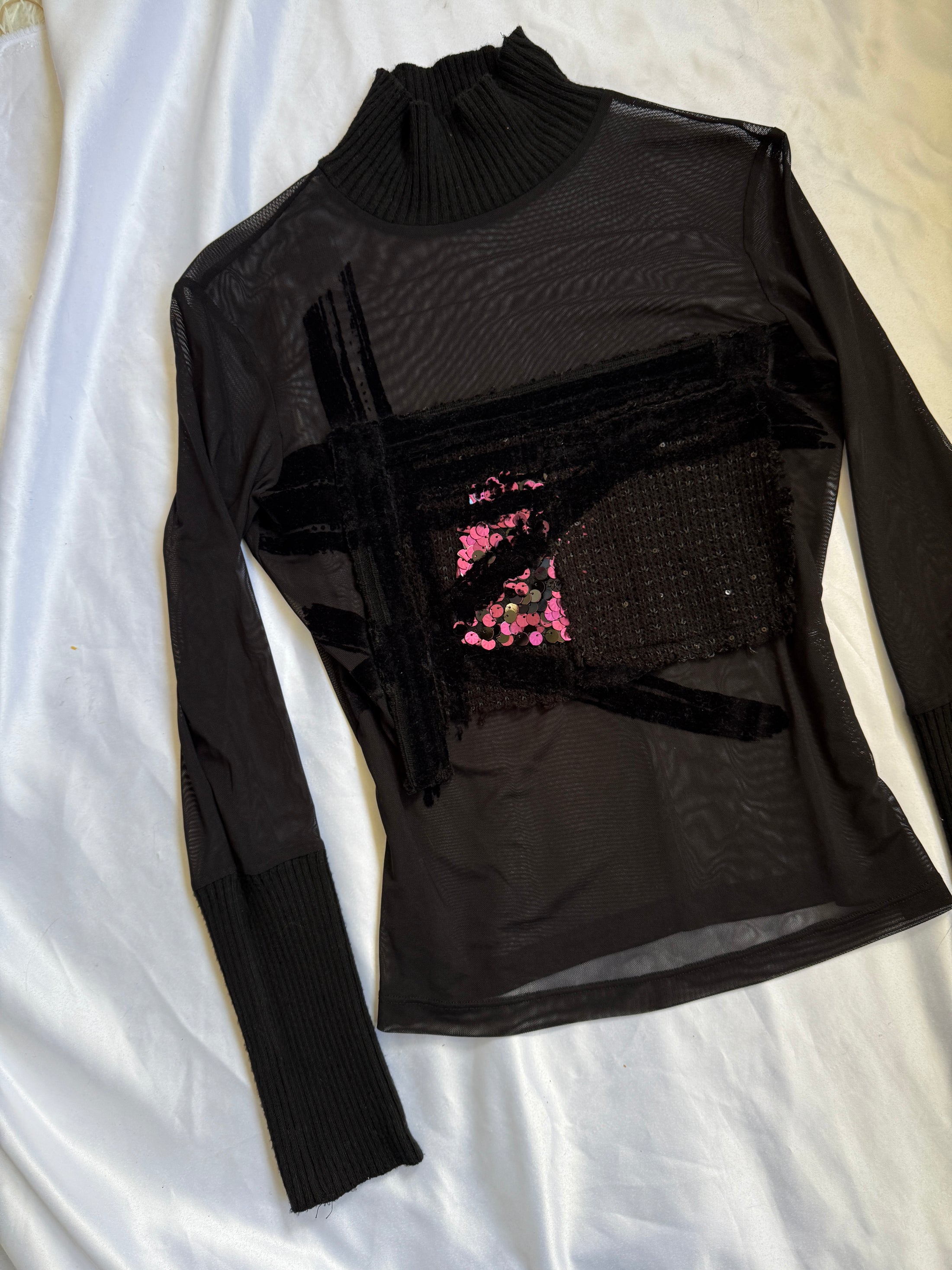 00's Mesh velvet/knit detail sequin longlseeve