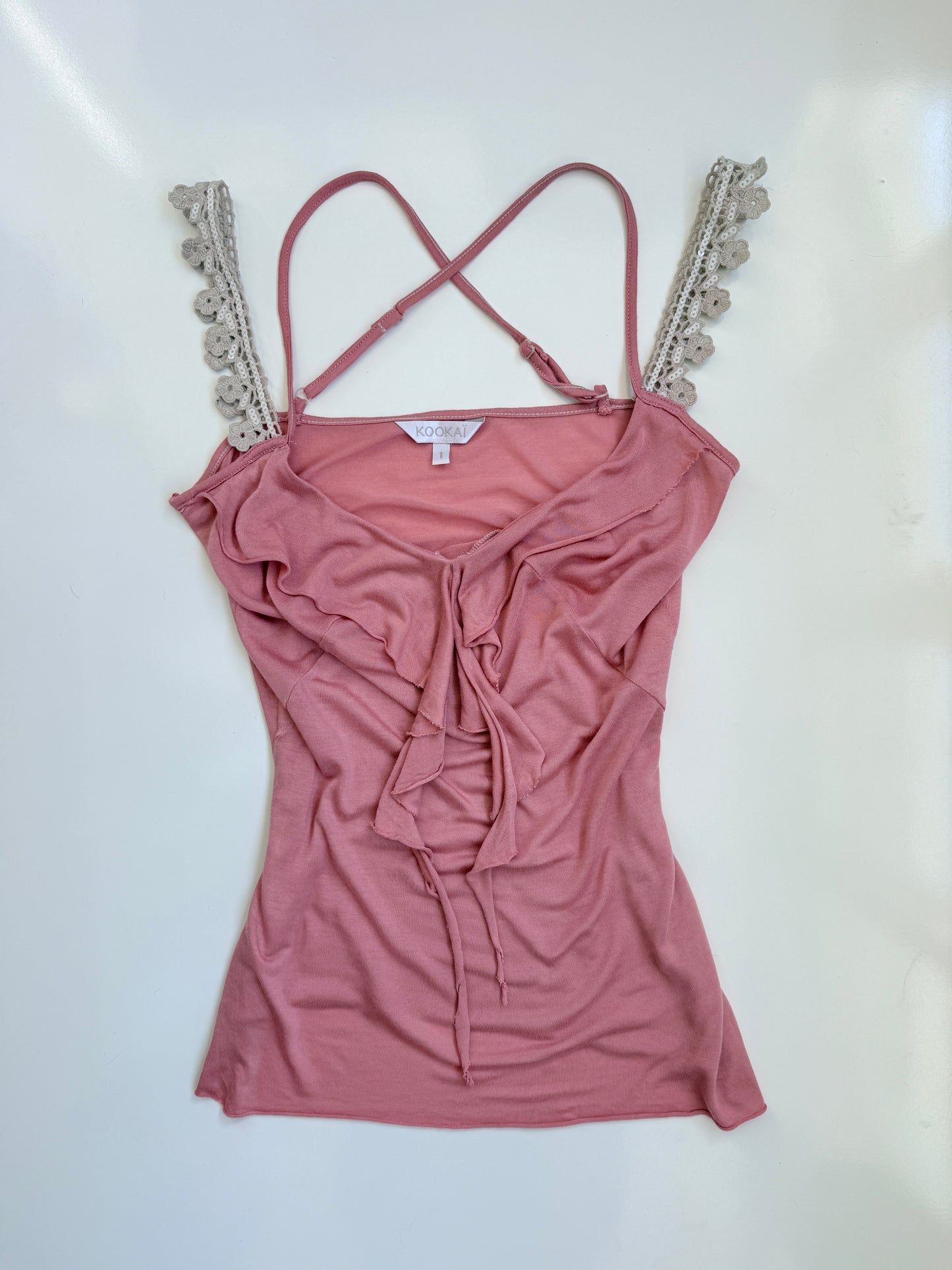 00's French Kookai top w crocheted sequin straps • Size S