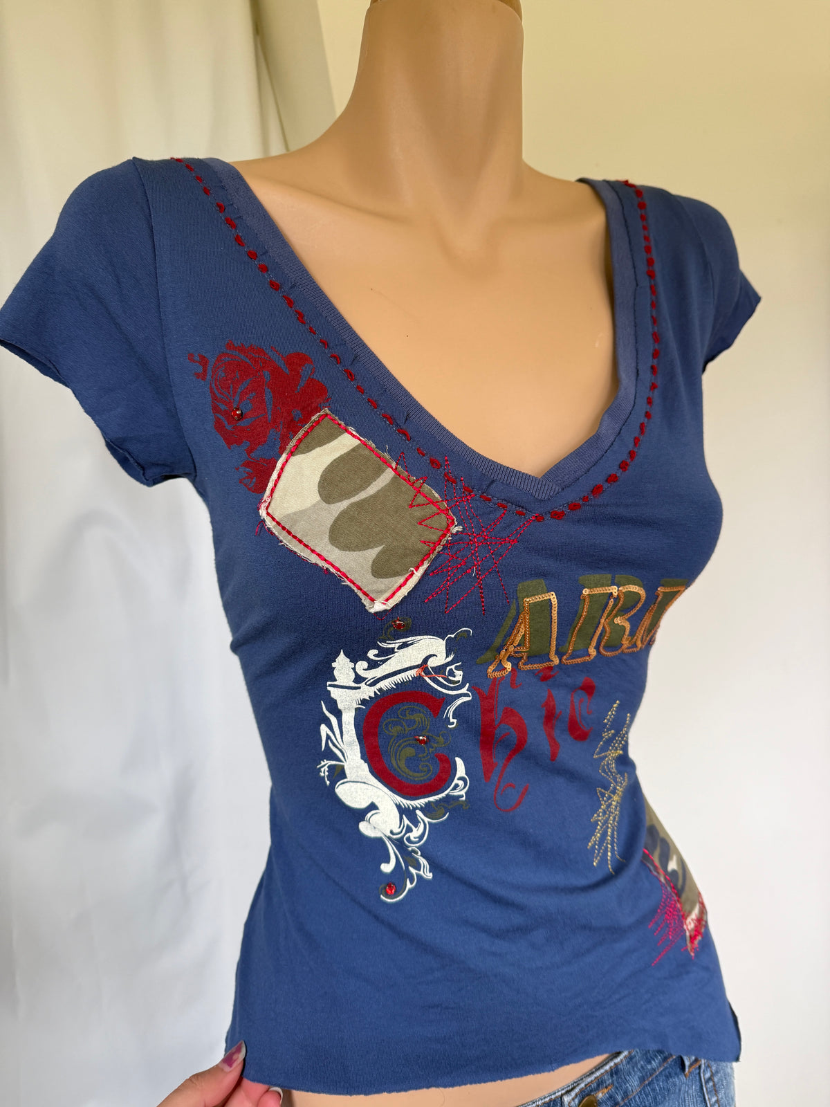 00's Army Chic print detail asym baby tee *Blue • Size M
