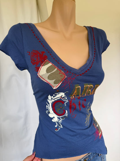 00's Army Chic print detail asym baby tee *Blue • Size M