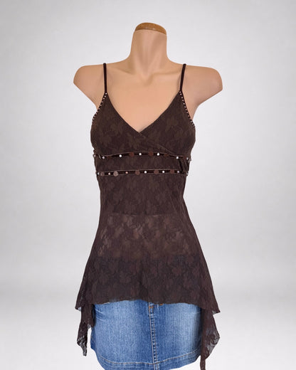 00’s Brown asymmetric lace cami w sequins • Size S/M