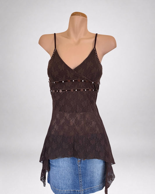 00’s Brown asymmetric lace cami w sequins • Size S/M