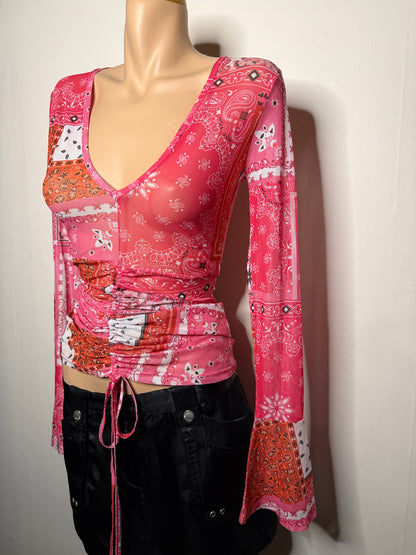 00's Paisley ruched mesh bell sleeve • Size S/M