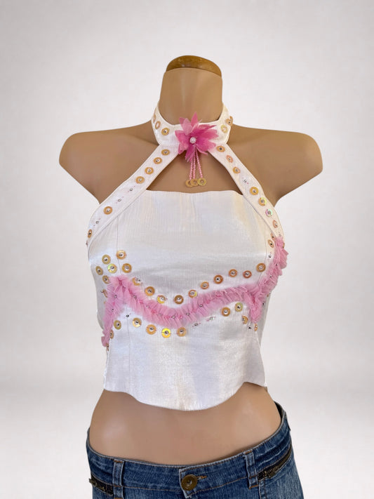 00's Sequin beaded crop halter • Size XS