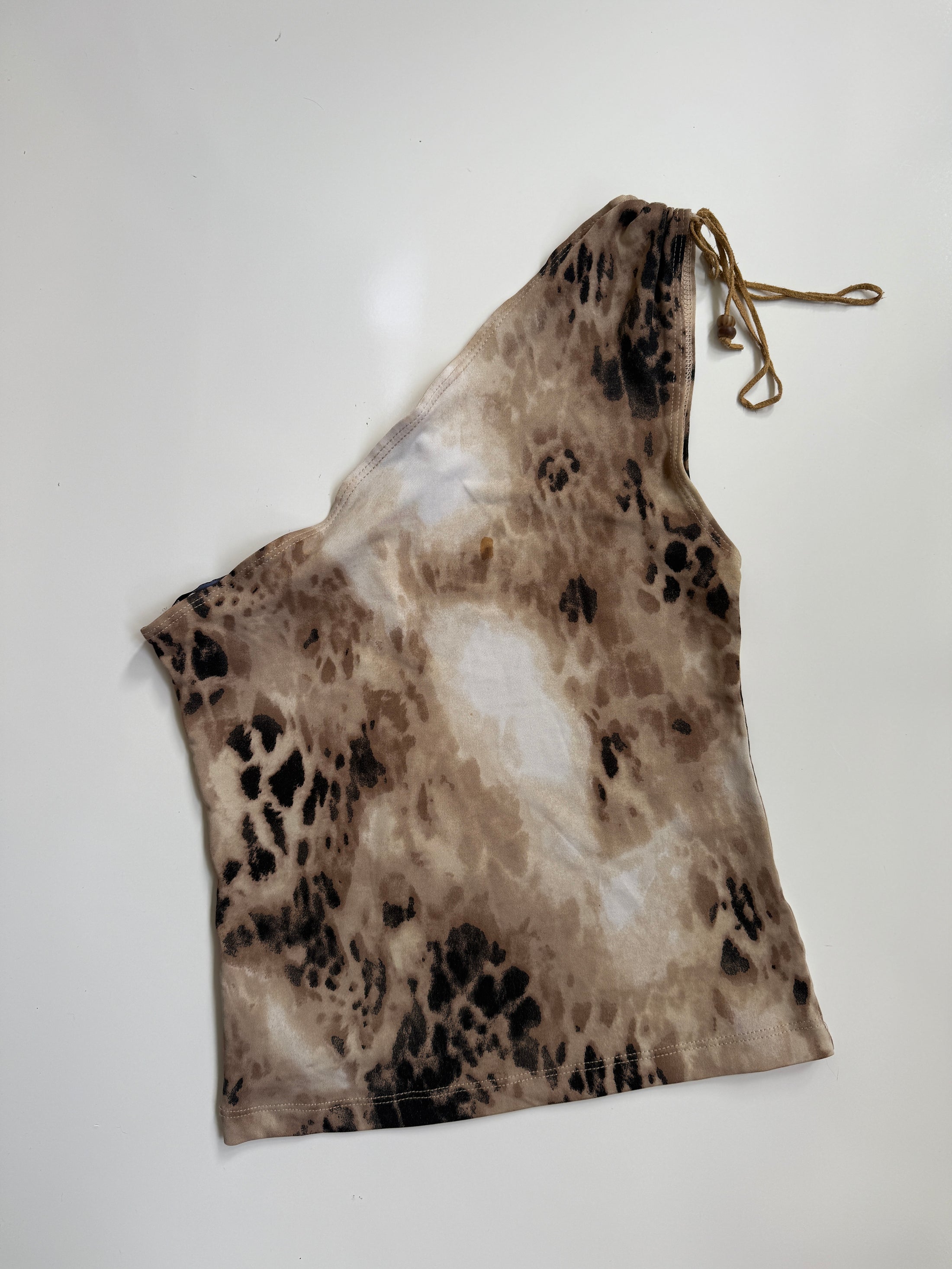00's Mango leopard print one shoulder top w beade• Size Sd/suede detail
