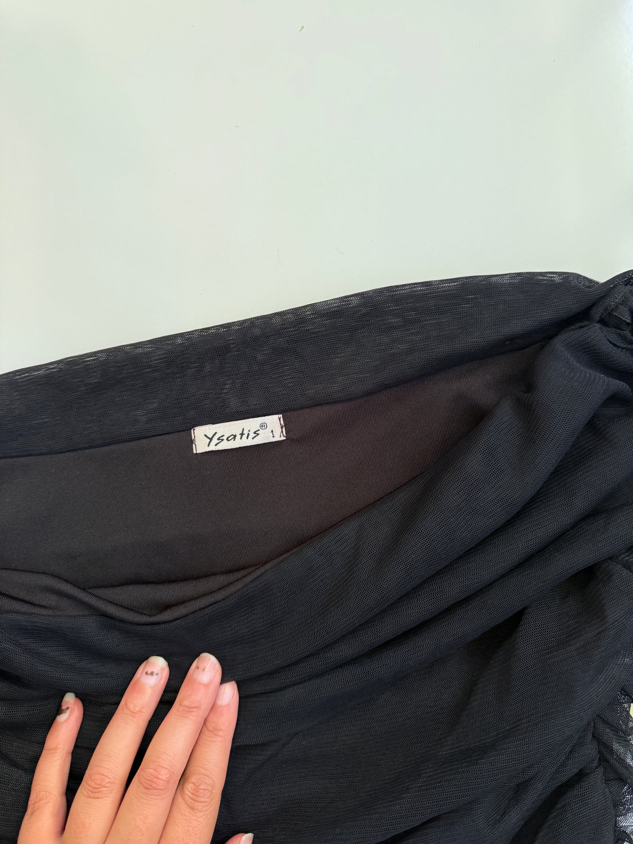 00's Mesh ruched off shoulder top w ribbon • Size S