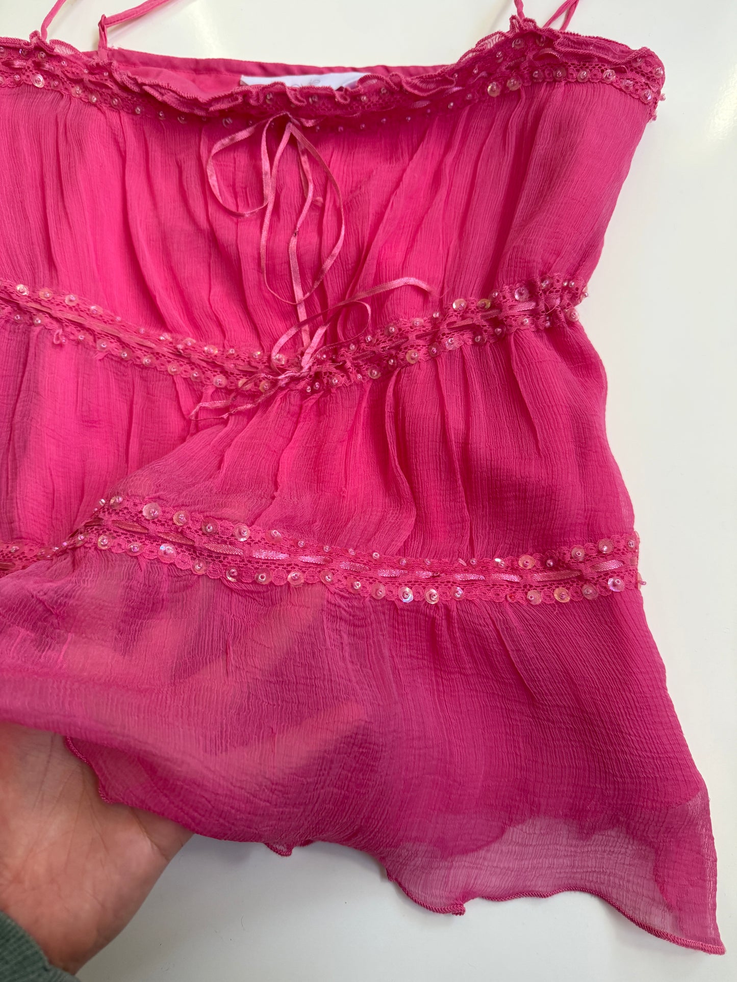 00's Evie beaded sheer ribbon cami w lace detail • Size 18/20
