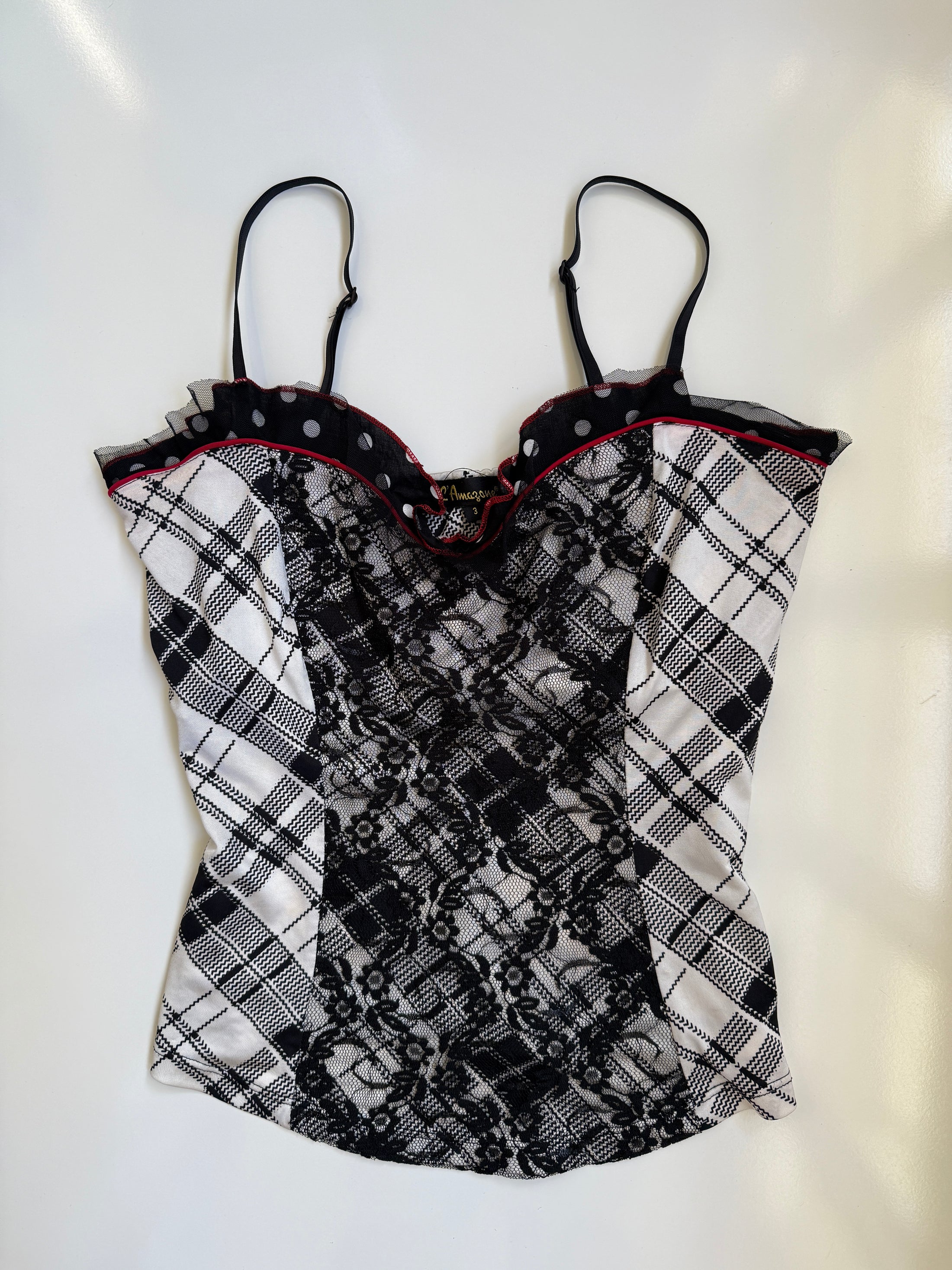 00's Plaid cami w lace polka trim • Size M