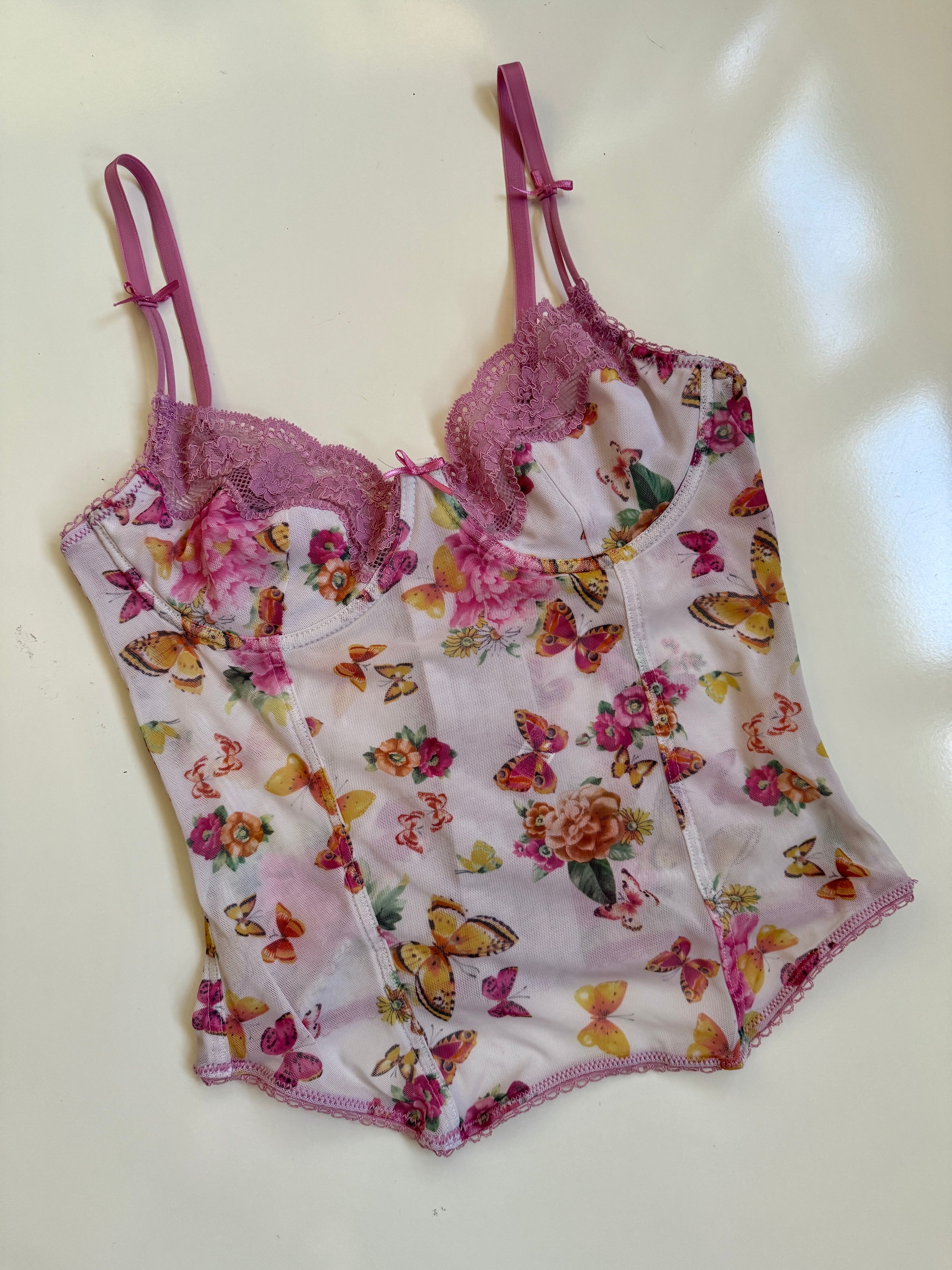 00's Mesh butterfly corset w lace trim • Size S/M