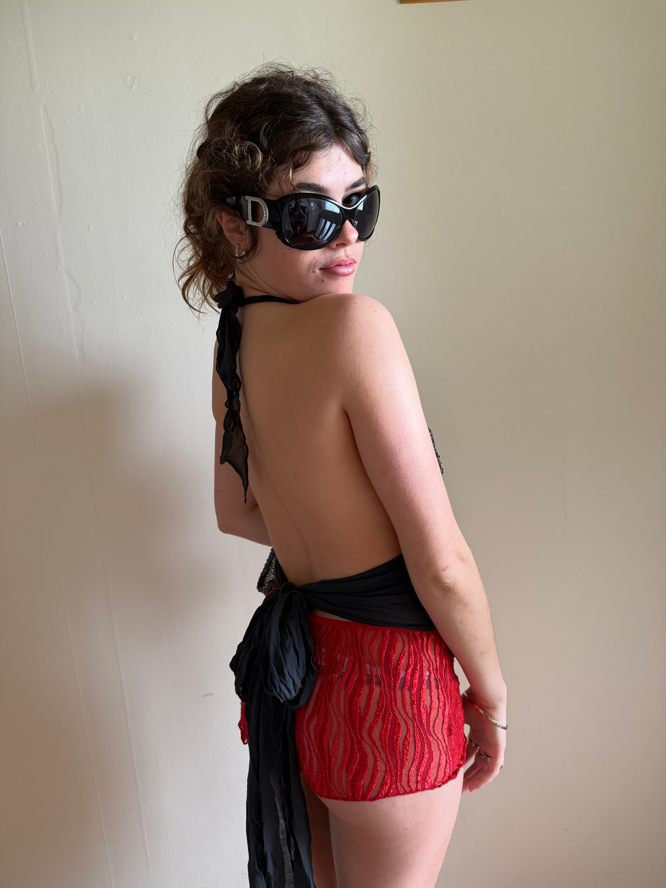 00's Silk embellished backless halter