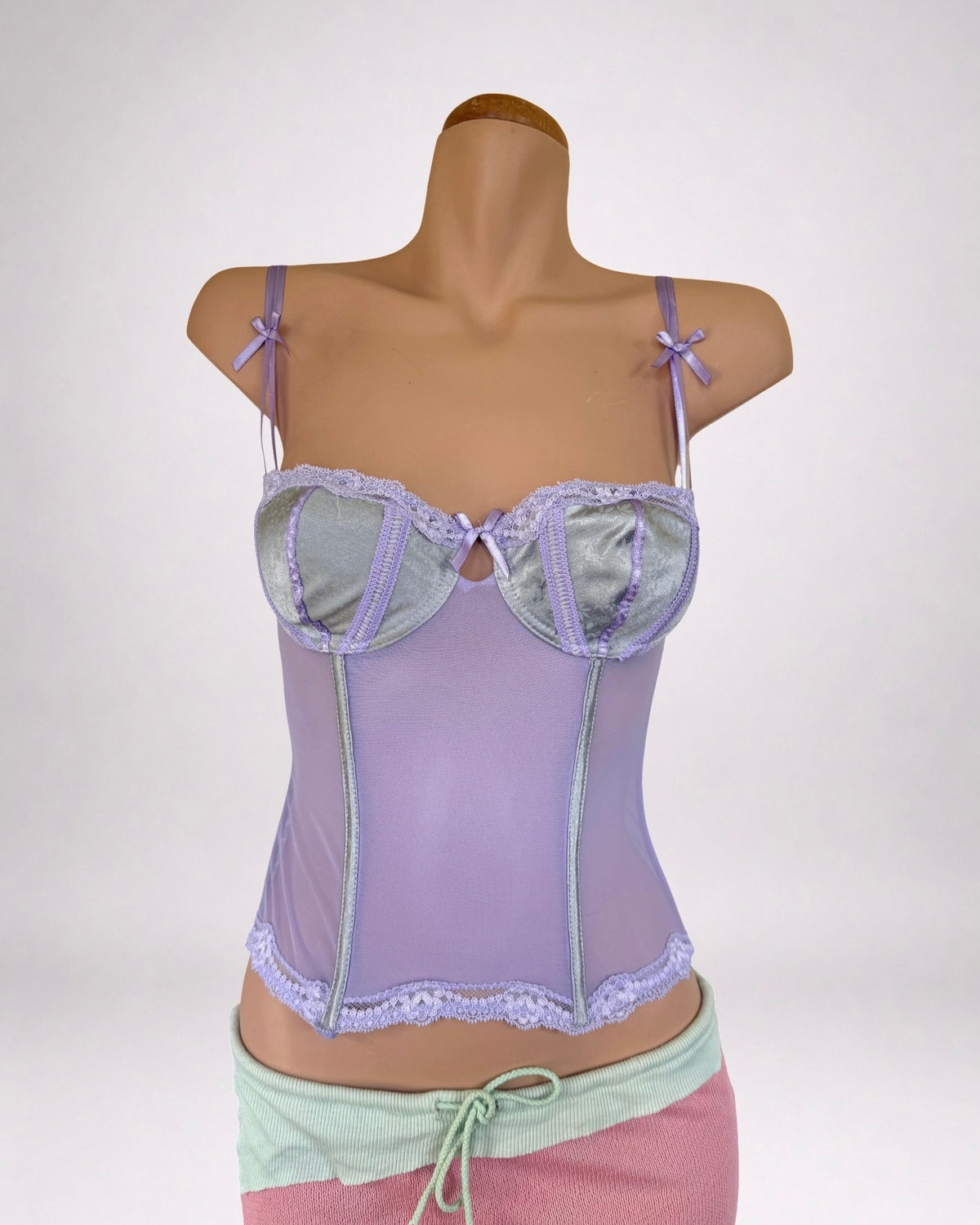 00's Lilac mesh corset w mint green trim • Size 8/10
