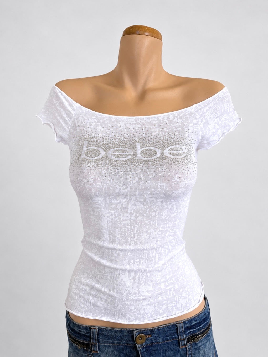 00's Bebe Diamante off shoulder baby tee • Size S