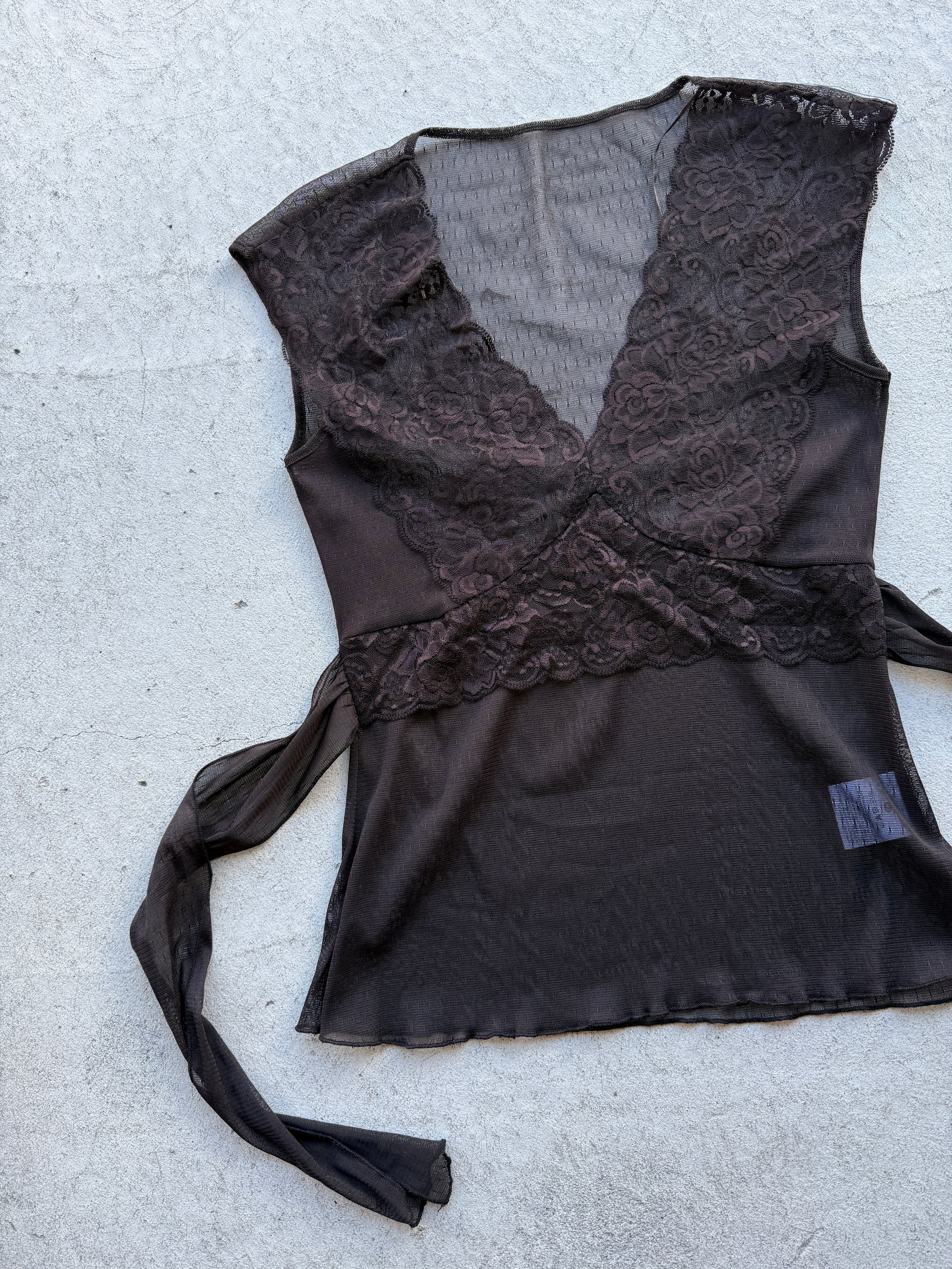 00's Brown mesh/lace tie back top • Size M
