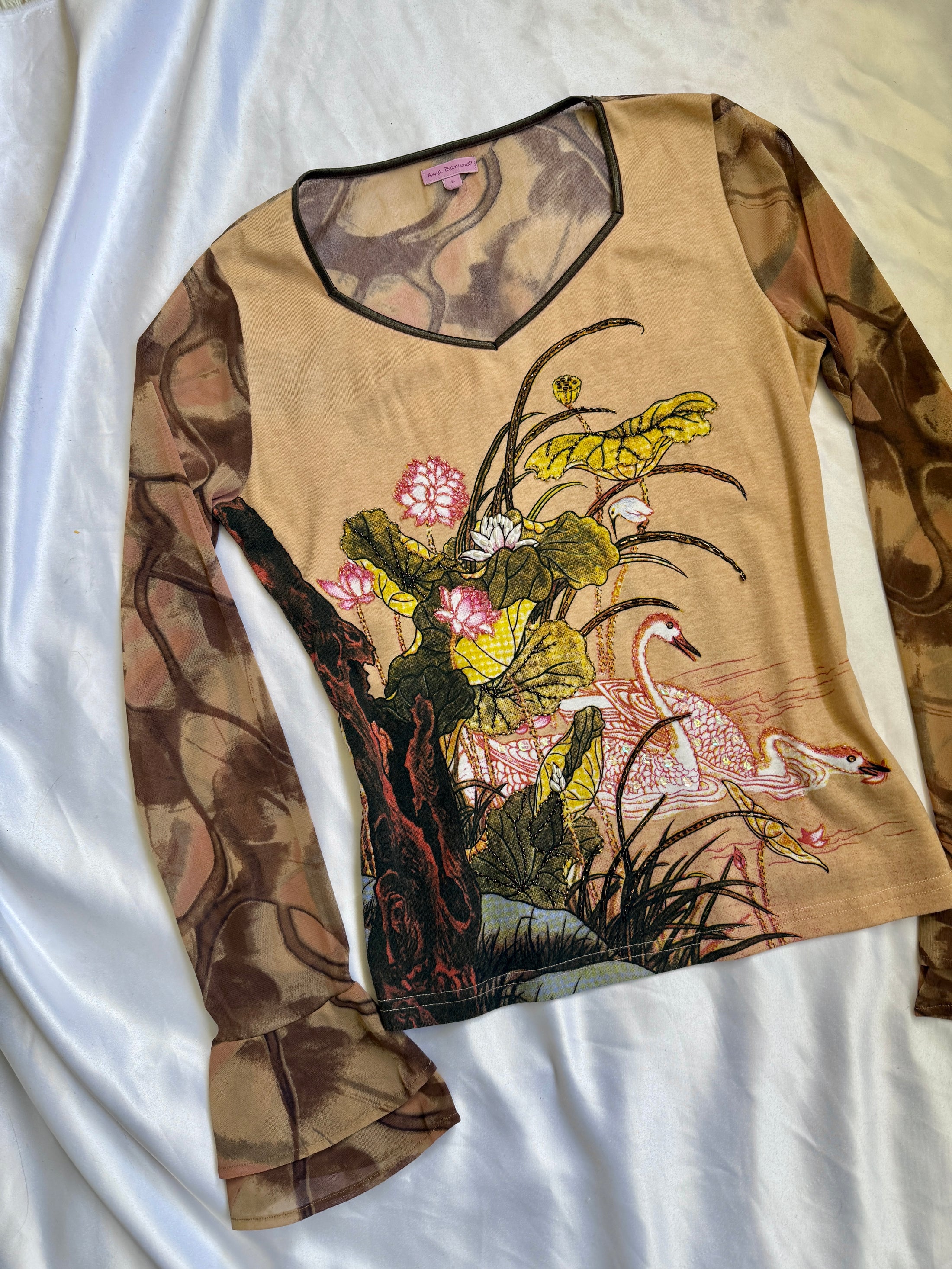 00's Ana Banana print beaded mesh cotton long sleeve • Size L