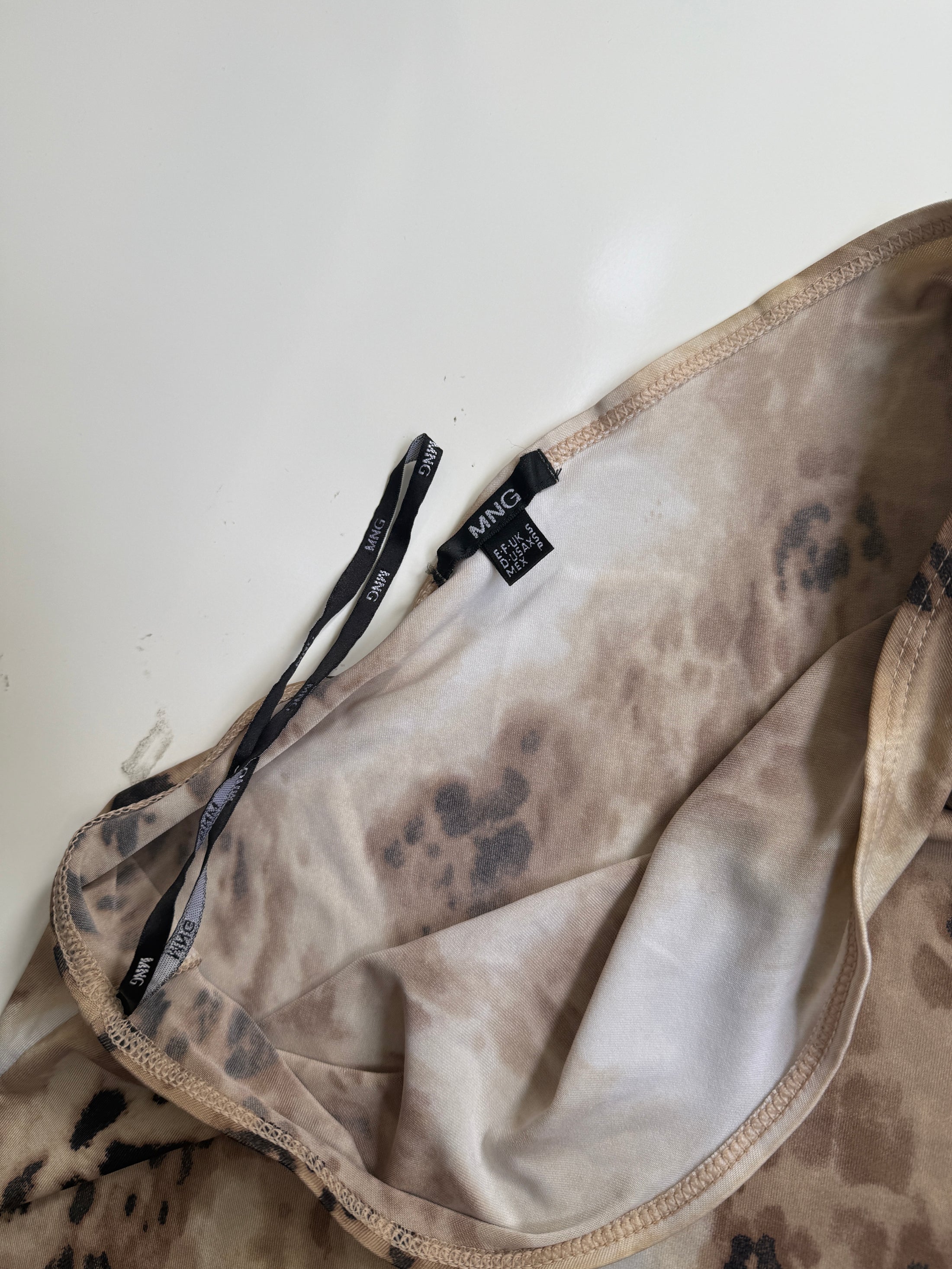 00's Mango leopard print one shoulder top w beade• Size Sd/suede detail