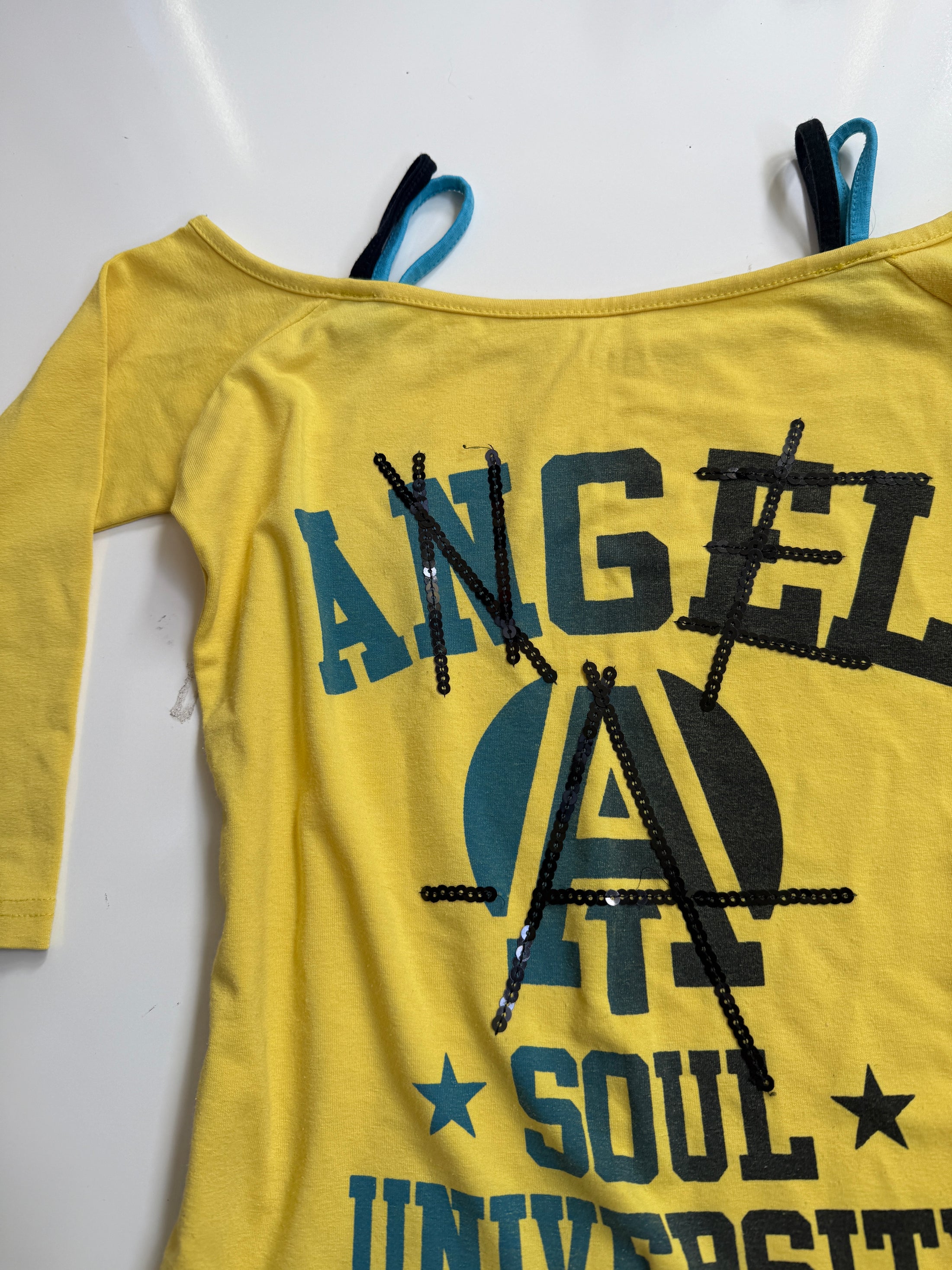 00's Angel sequin detail off shoulder top • Size S