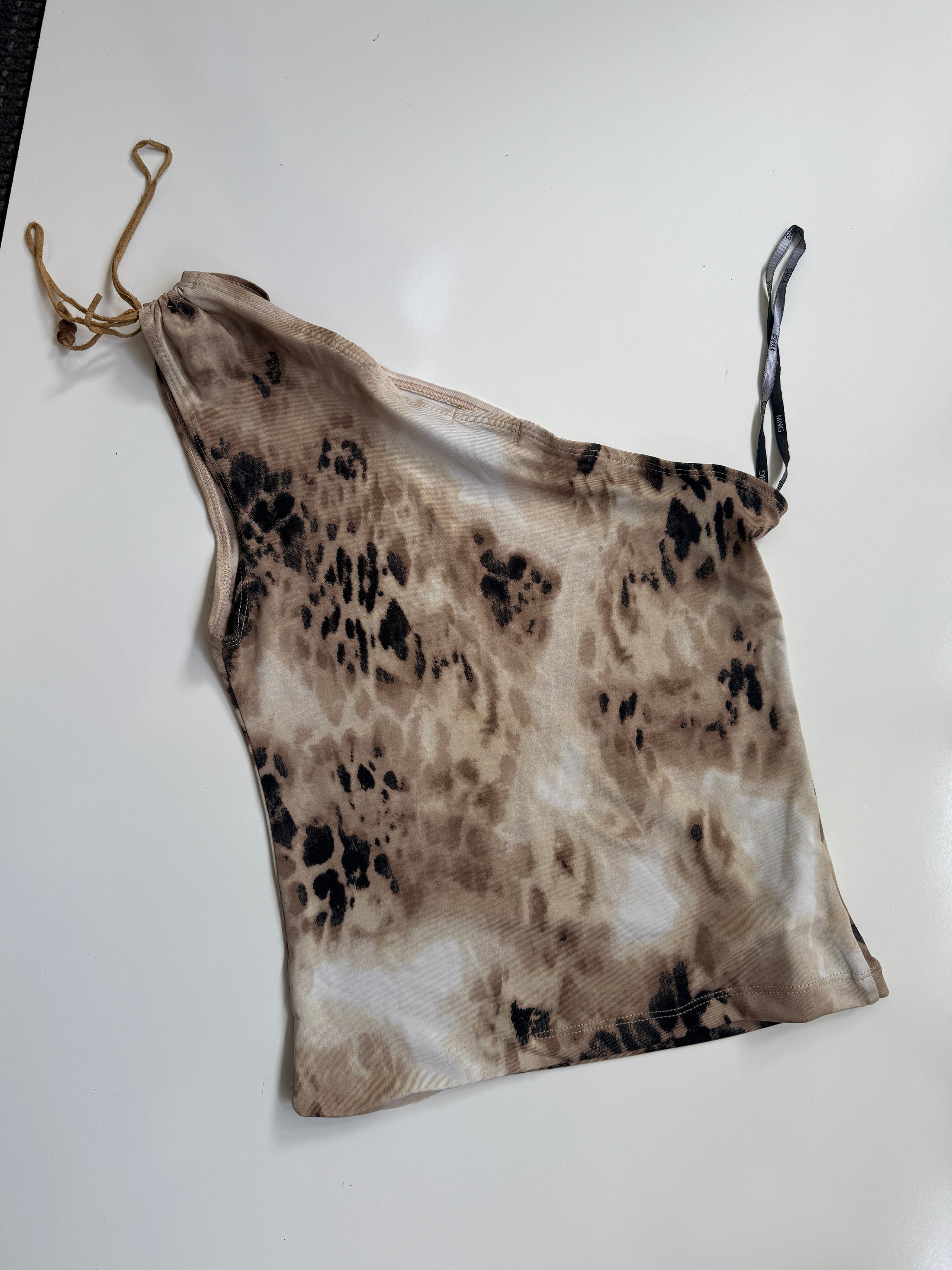 00's Mango leopard print one shoulder top w beade• Size Sd/suede detail