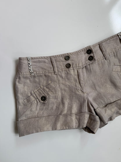 00s River Island linen low-rise micro shorts w studded diamante detail • Size 8